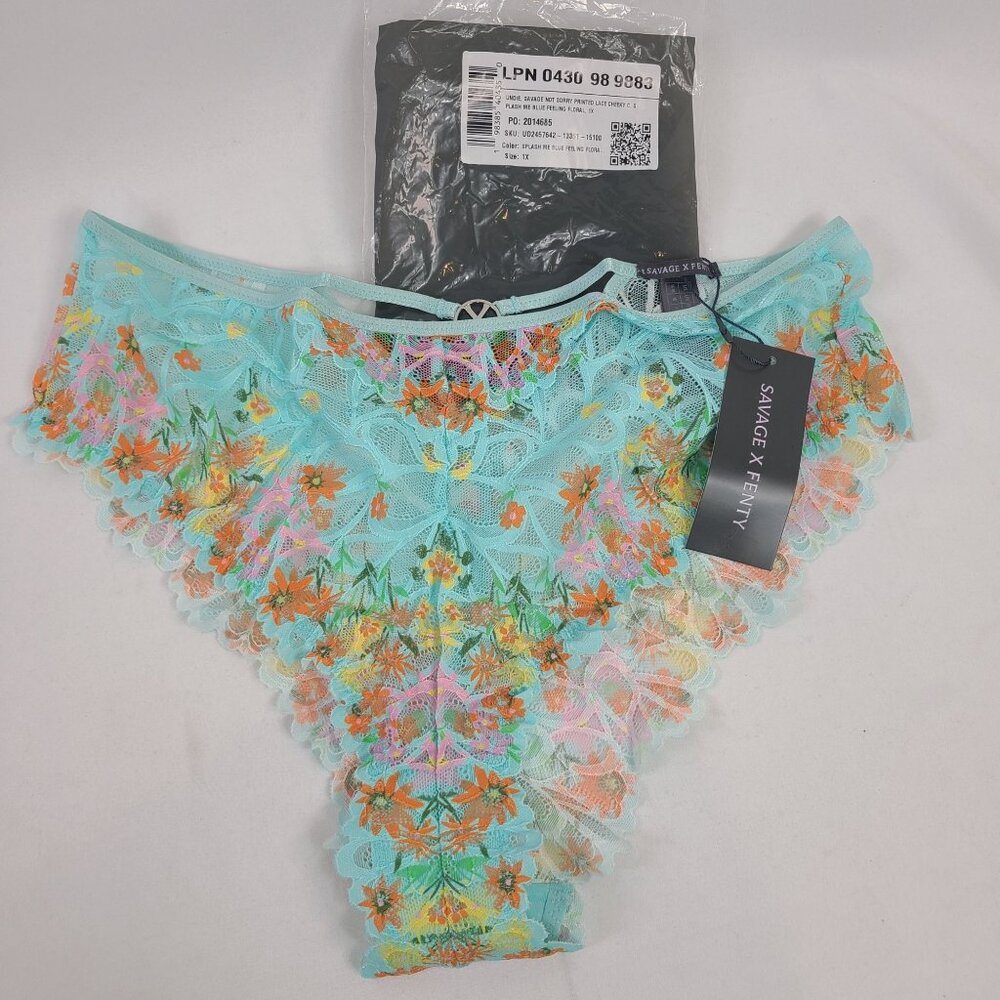 NWT Savage X Fenty Not Sorry Printed Lace Cheeky Undies Splash Me Blue Floral 1X